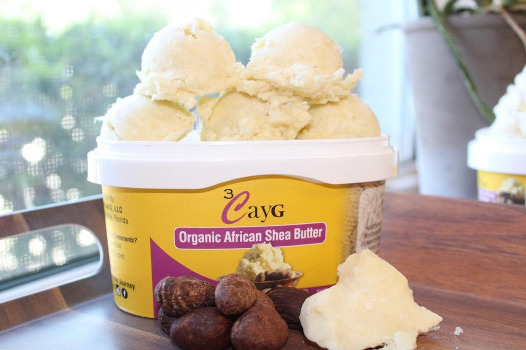 A container of 3CayG's premium, sustainably sourced shea butter, in a sturdy and tamper-resistant package, ready for use.