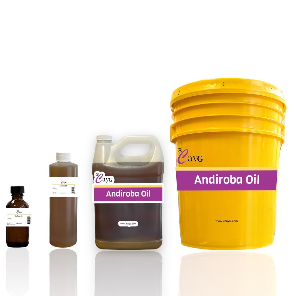 2oz andiroba oil, 16oz andiroba oil, gallon andiroba oil, and 5 gallon andiroba oil