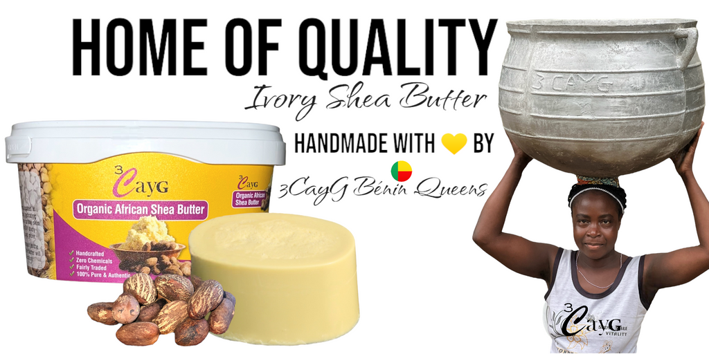3CayG Ivory Shea Butter 1LB tub with shea nuts and Shea Queen holding iron pot