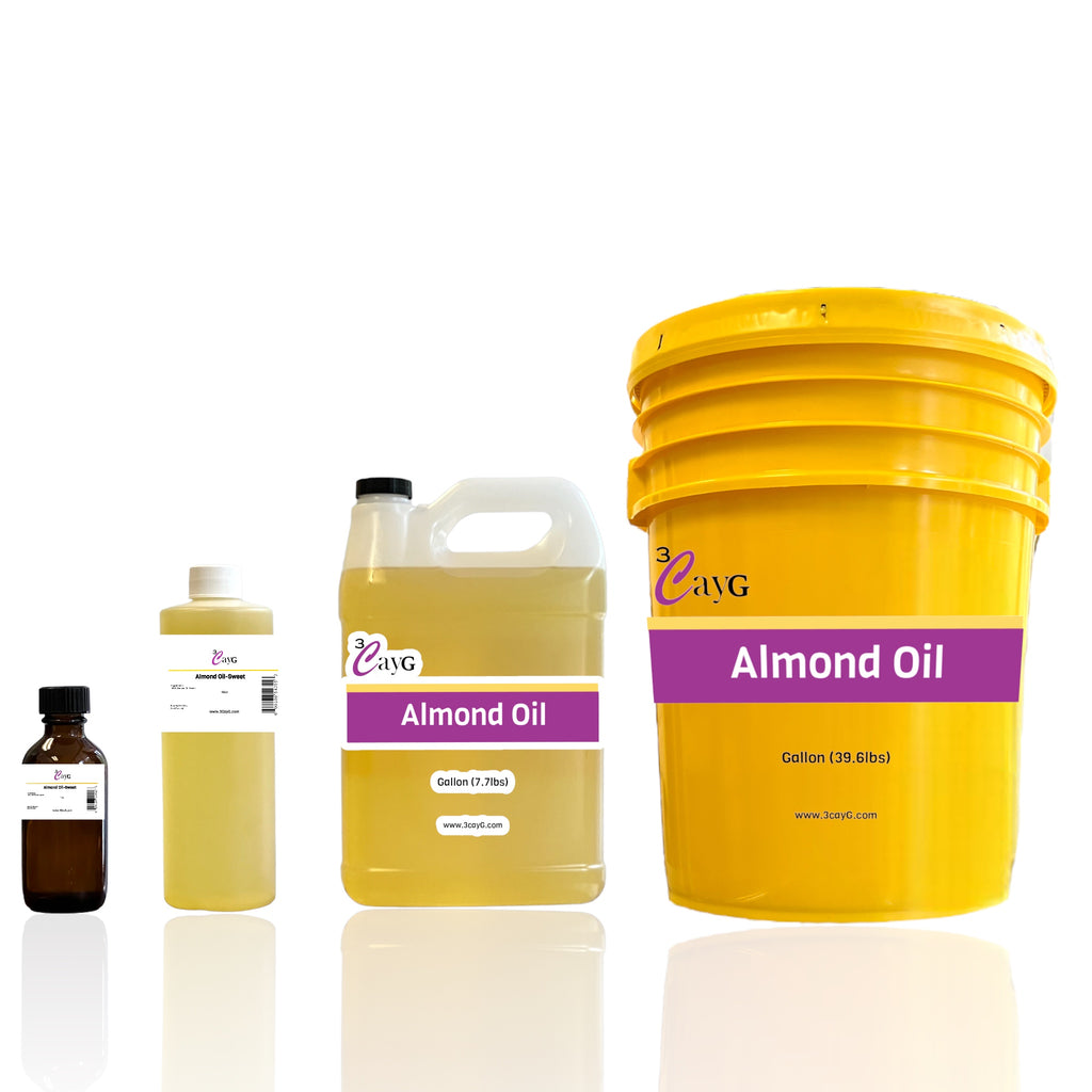 2oz almond oil, 16oz almond oil, 1 gallon almond oil, and 5 gallon almond oil.