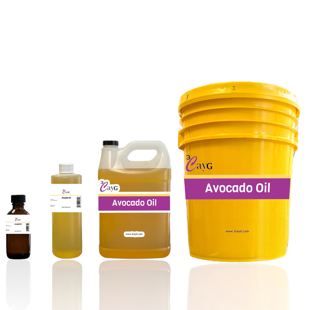2oz avocado oil, 16oz avocado oil, gallon avocado oil, and 5 gallon avocado oil packaged in 3cayg packaging.