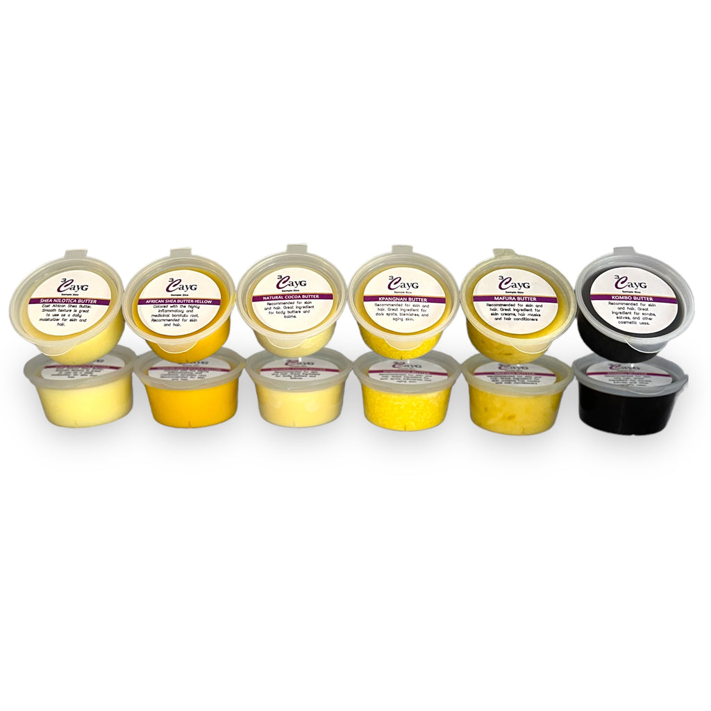 African Butters in travel size, shea nilotica, yellow shea butter, kpangnan butter, kombo butter